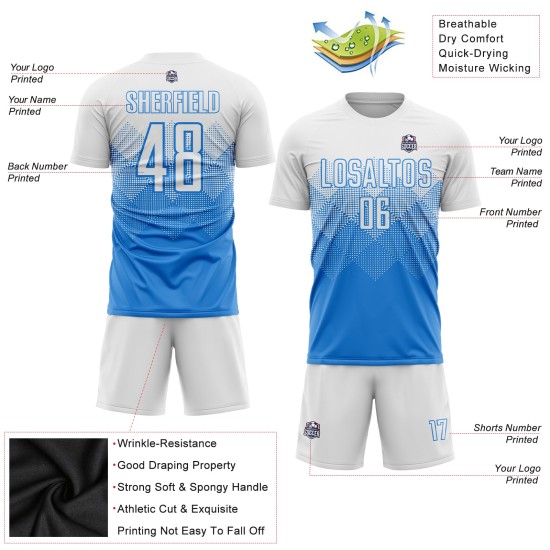 Powder Sublimation Custom Blue White Soccer Uniform Jersey Powder Sublimation Custom Blue White Soccer Uniform Jersey