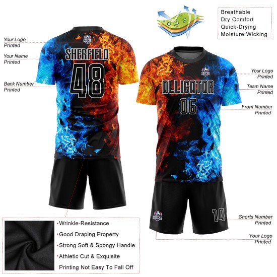 Black-White Jersey Flame Sublimation Figure Soccer Uniform Custom Black-White Jersey Flame Sublimation Figure Soccer Uniform Custom