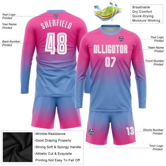 White-Light Fade Sleeve Jersey Pink Custom Soccer Blue Fashion Long Uniform Sublimation White-Light Fade Sleeve Jersey Pink Custom Soccer Blue Fashion Long Uniform Sublimation