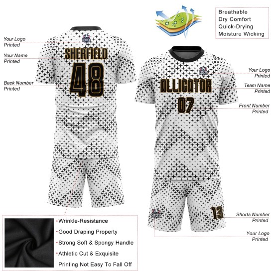 Uniform Soccer White Sublimation Custom Black-Old Gold Jersey Uniform Soccer White Sublimation Custom Black-Old Gold Jersey