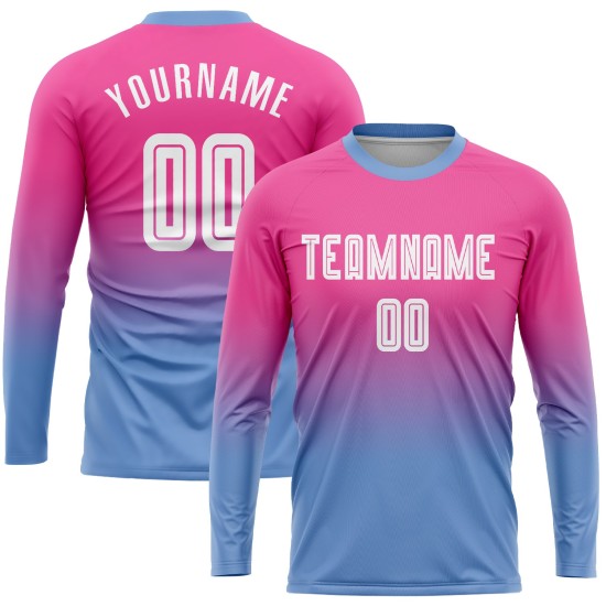 White-Light Fade Sleeve Jersey Pink Custom Soccer Blue Fashion Long Uniform Sublimation White-Light Fade Sleeve Jersey Pink Custom Soccer Blue Fashion Long Uniform Sublimation