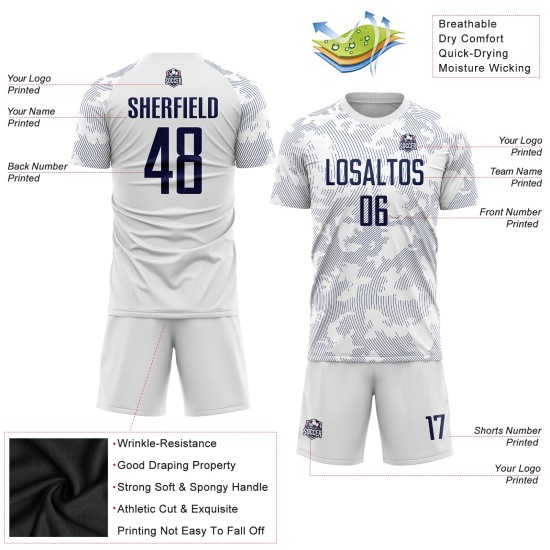 Soccer Uniform Sublimation White Jersey Navy Custom Soccer Uniform Sublimation White Jersey Navy Custom