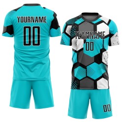 Sublimation Uniform Custom Soccer Aqua Black-White Jersey Sublimation Uniform Custom Soccer Aqua Black-White Jersey