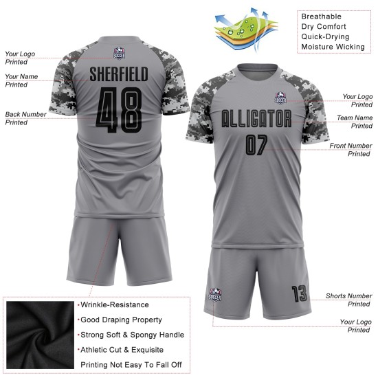 Custom Soccer Black-Camo Gray Jersey Sublimation Uniform Custom Soccer Black-Camo Gray Jersey Sublimation Uniform