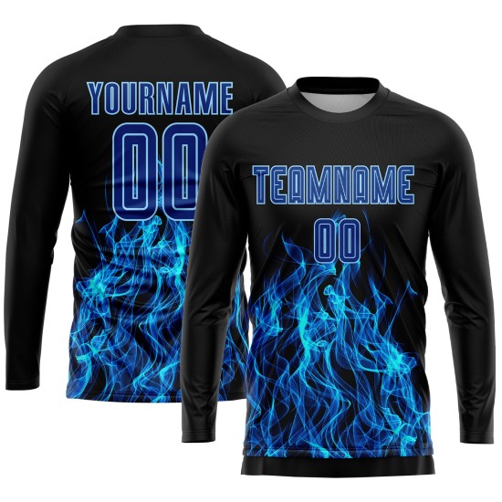 Blue Custom Flame Uniform Sublimation Royal-Light Black Jersey Soccer Blue Custom Flame Uniform Sublimation Royal-Light Black Jersey Soccer
